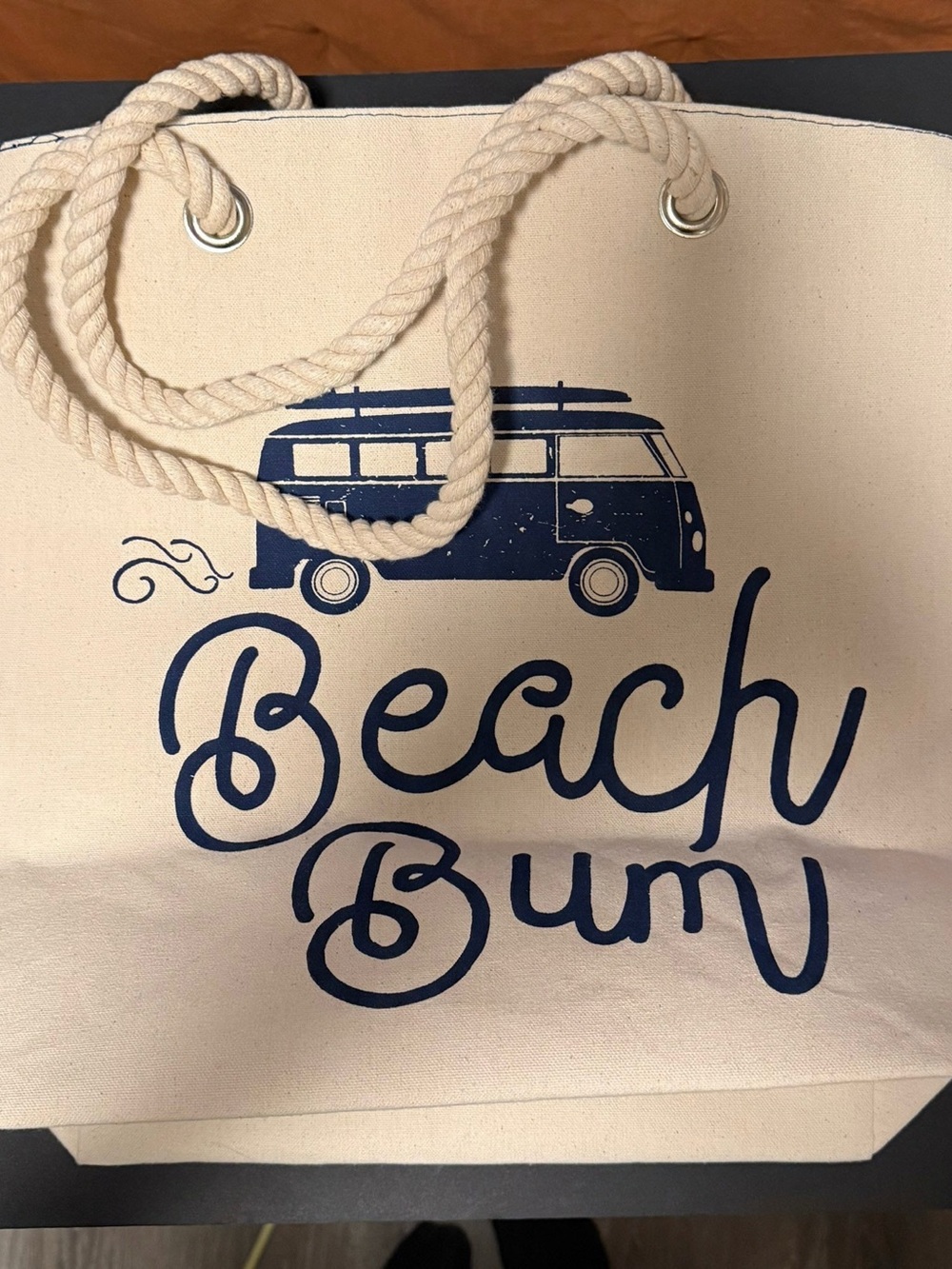 Canvas Beach Tote Bag in Cream with Navy Graphic